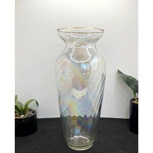Iridescent Clear Glass Vase With Gold Rim Textured Swirl Design